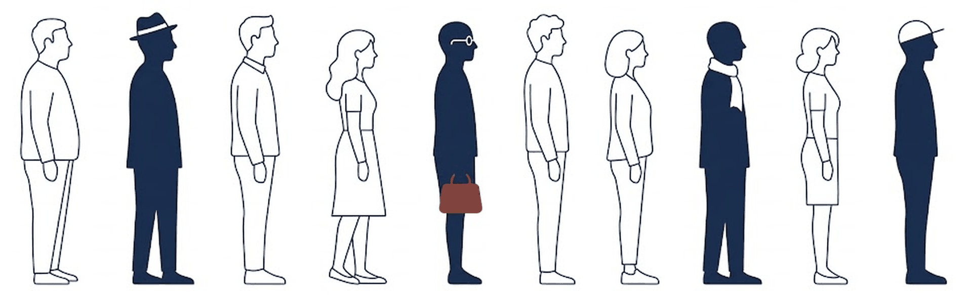 列に並ぶ10人のうち、同じ人物が帽子・眼鏡・マフラー・キャップで変装して4回並んでいるイラスト